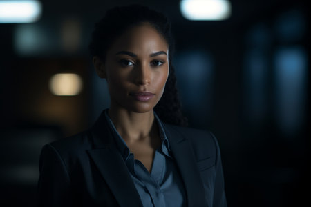 Professional woman in a business suit standing confidently in an office settingの素材