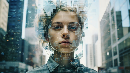 Futuristic Portrait of a Woman with Cityscape Overlayの素材
