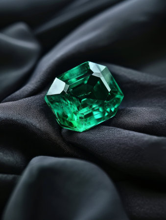 Elegant Emerald Gemstone on Luxurious Silk Fabricの素材