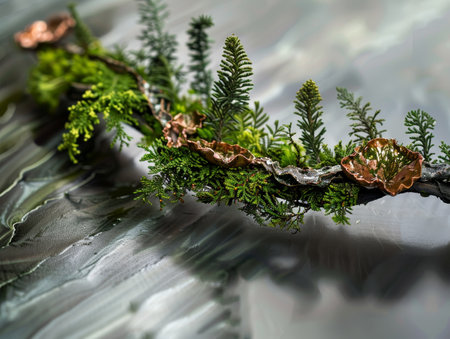 Lush greenery emerging from abstract textured surfaceの素材
