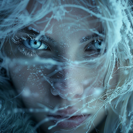 Mystical frost-covered woman with intense blue eyesの素材