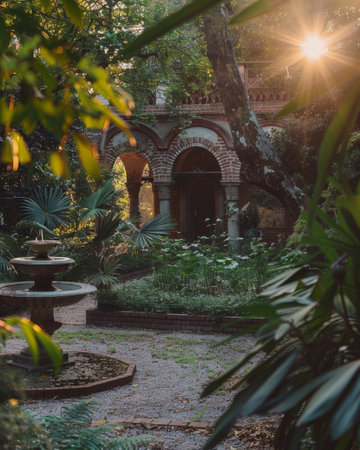 Sunlight streaming through trees in a serene garden with brick archesの素材