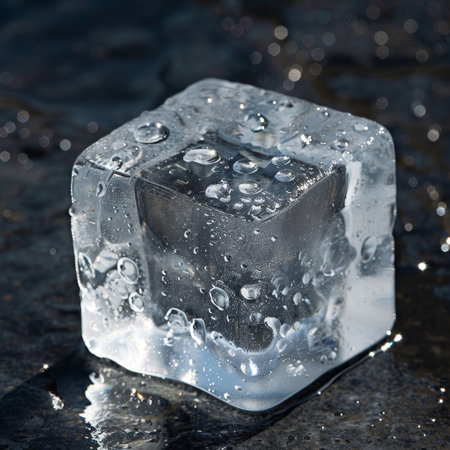 Close-up of a melting ice cube on a wet surfaceの素材