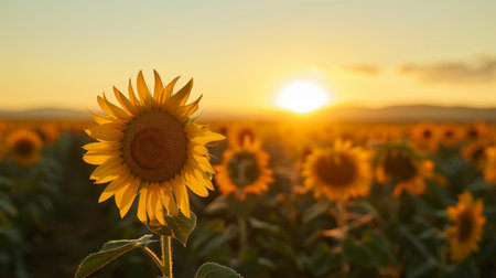 Sunflower at Sunset in Vast Fieldの素材