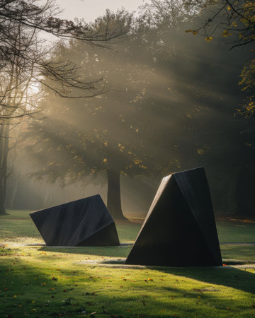 Sunlight filtering through trees onto modern sculptures in a parkの素材