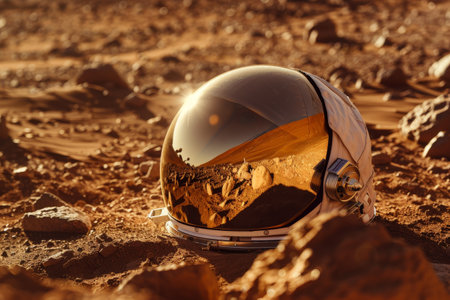 Astronaut helmet reflecting rocky terrain on a distant planetの素材