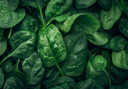 Fresh spinach leaves with dew drops close-upの素材