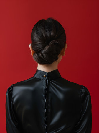 Elegant woman with a stylish updo hairstyle against a red backgroundの素材