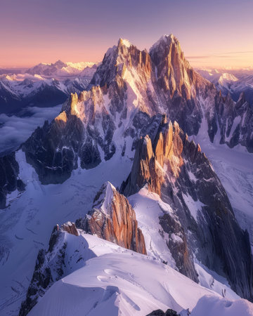 Sunrise over majestic snow-capped mountainsの素材