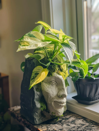 Decorative head planter with lush green plant on a sunny windowsillの素材
