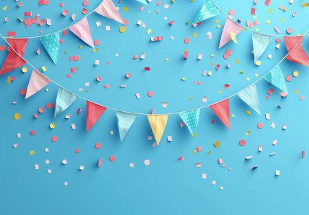 Colorful party decorations and confetti on a blue backgroundの素材