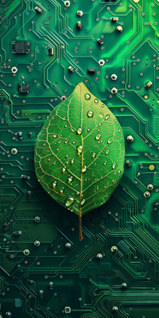 Green leaf with water droplets on a circuit board backgroundの素材