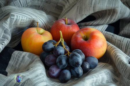 Fresh fruits arranged on a textured clothの素材