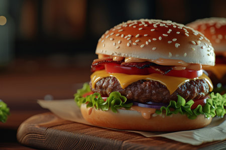 Delicious gourmet burger with bacon and cheese on a wooden boardの素材