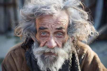 Portrait of an Elderly Man with Expressive Eyes and Unkempt Hairの素材
