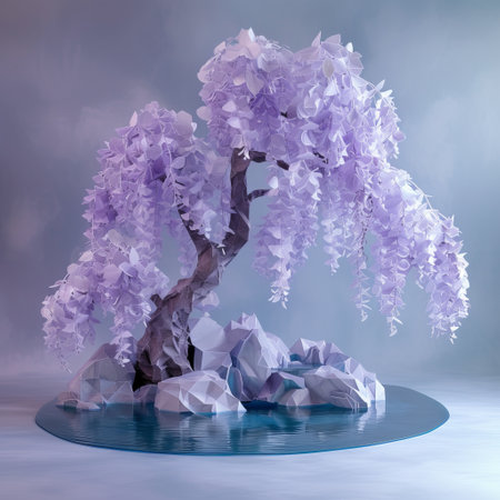 Stylized Purple Tree with Crystal Rocks on a Mysterious Backgroundの素材