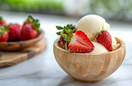 Fresh strawberries and vanilla ice cream in a wooden bowlの素材