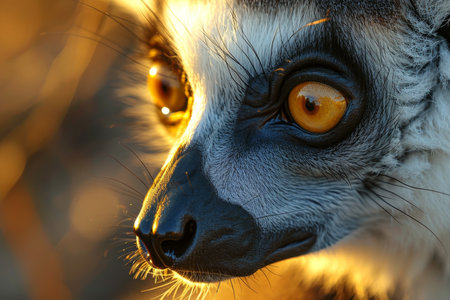 Close-up of a Lemur's Face with Golden Eyes at Sunsetの素材