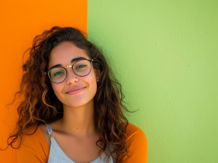 Young woman smiling against a colorful backgroundの素材
