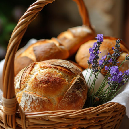 Freshly Baked Bread in a Basket with Lavender Flowersの素材