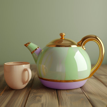Elegant ceramic teapot and cup set on a wooden tableの素材