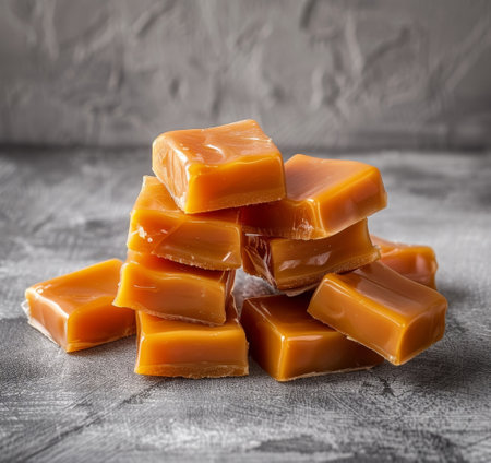Stack of Chewy Caramel Candies on a Wooden Tableの素材