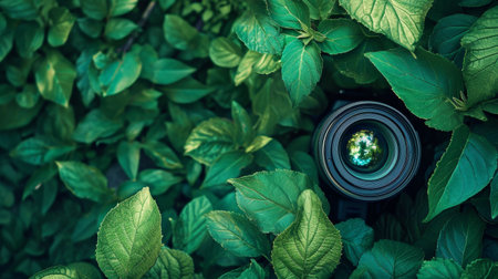 Camera lens peering through lush green leavesの素材