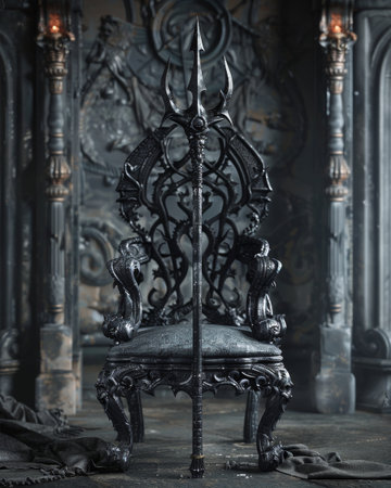 Mystical throne with ceremonial spear in a dark gothic settingの素材
