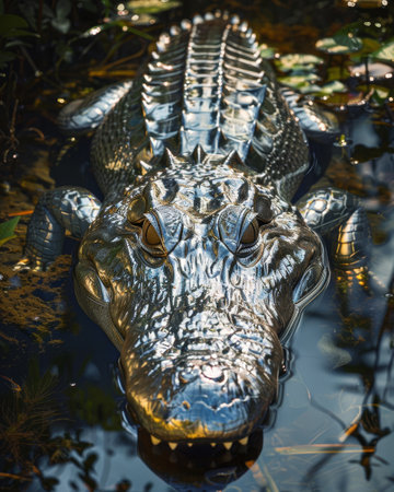Close-up of an alligator lurking in waterの素材