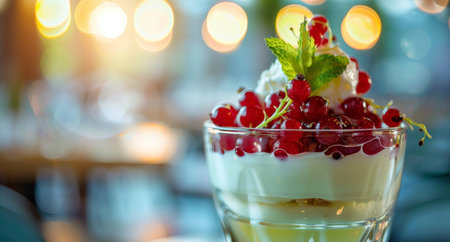 Elegant dessert with fresh berries and whipped cream in a glassの素材