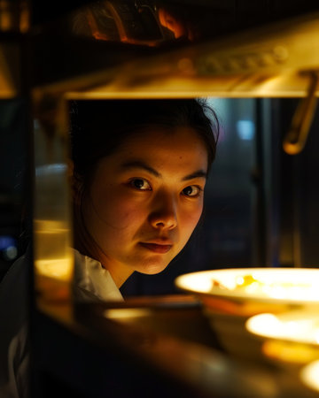 Focused chef inspecting dishes under kitchen heat lampの素材