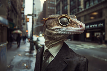 Lizard in a suit walking through a busy city streetの素材