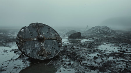 Abandoned Viking Shield on a Foggy Shorelineの素材