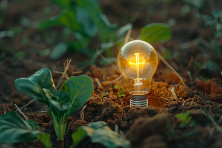 Glowing light bulb in soil surrounded by green leaves, symbolizing eco-friendly energy solutionsの素材