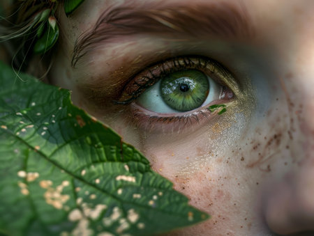 Close-up of a Green Eye Peering Through Leavesの素材