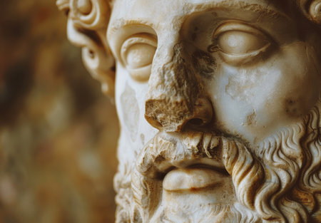 Close-up of an ancient sculpted face with intricate detailsの素材