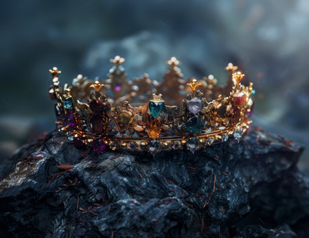 Ornate crown resting on a rugged stoneの素材