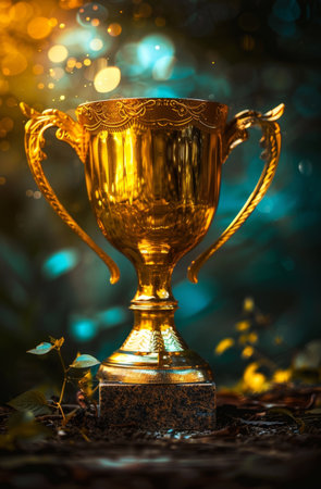 Golden trophy cup illuminated in a mystical forest settingの素材