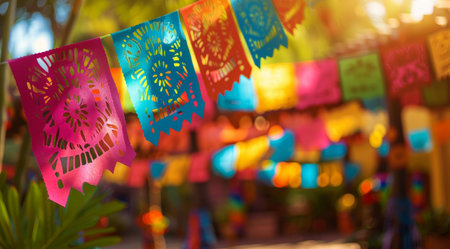 Colorful papel picado banners at a festive outdoor celebrationの素材
