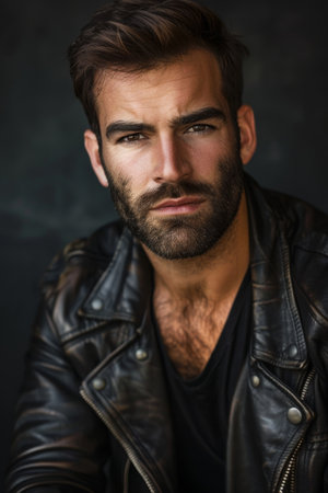 Handsome man in leather jacket posing with a serious expressionの素材