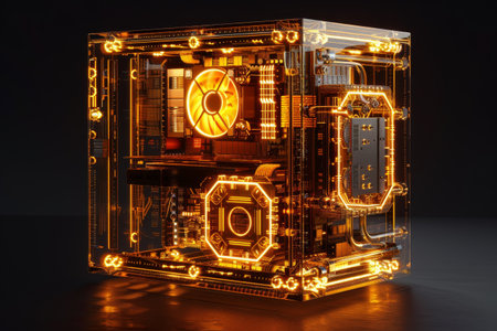 Futuristic glowing computer hardware in a transparent caseの素材