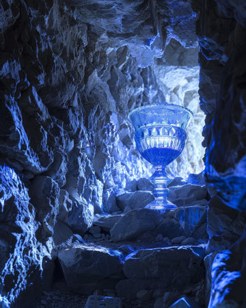 Mystical blue goblet illuminated in a rocky caveの素材