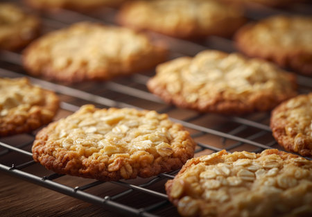 Freshly baked almond cookies cooling on a wire rackの素材