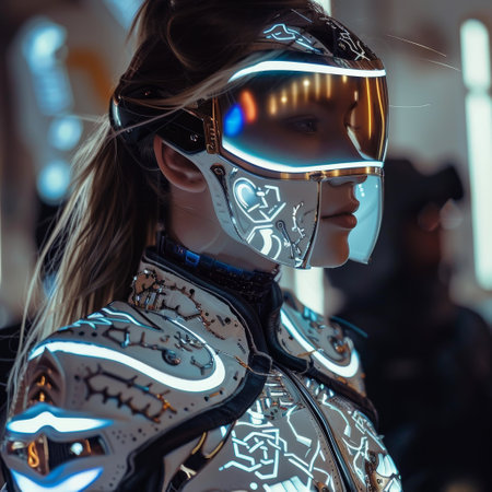 Futuristic Woman in High-Tech Armor and Visorの素材