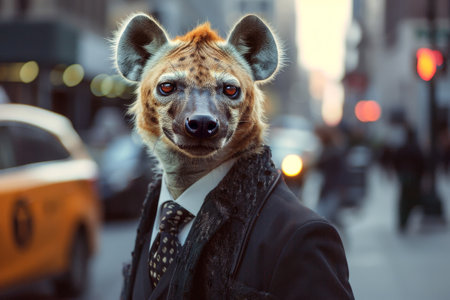 Hyena in a suit walking in a busy city streetの素材