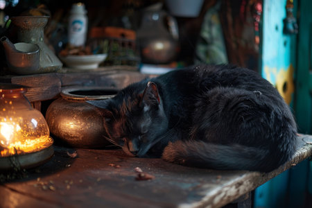 Black cat sleeping peacefully beside a glowing lanternの素材