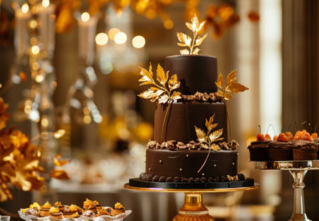 Elegant chocolate wedding cake decorated with golden leavesの素材