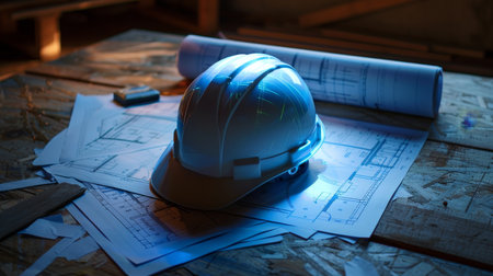 Construction helmet and blueprints on a work tableの素材