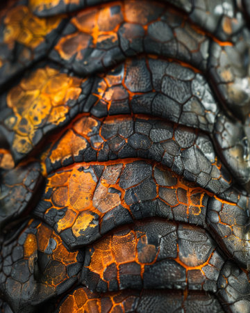 Close-up of textured reptile skin with vibrant orange and black patternsの素材
