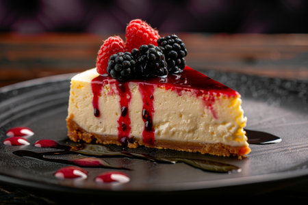 Delicious berry cheesecake on a dark plate with fruit toppingの素材